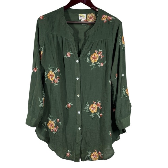 fig and flower Tops - Fig & Flower Embroidered Tunic Top Womens 1X Green Roll Tab Sleeve Boho Prairie